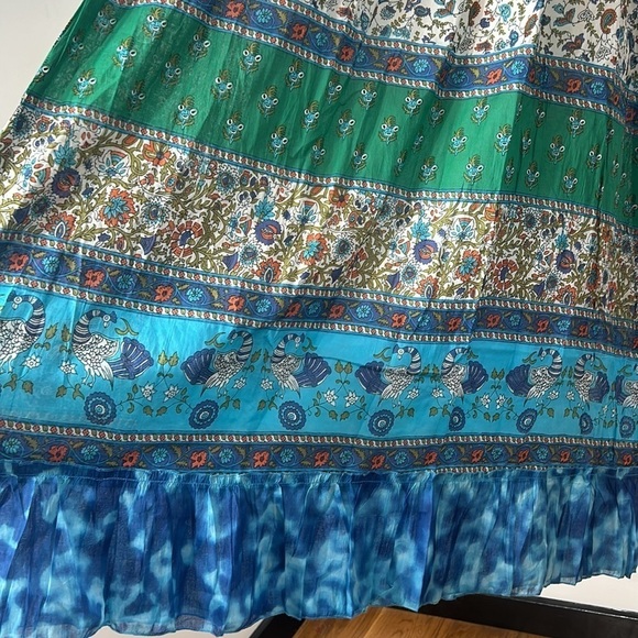NWT Chaudry KC Maxi Dress SMALL Blue Green Gypsy Bohemian Smocked Tiered Cotton - Picture 5 of 10